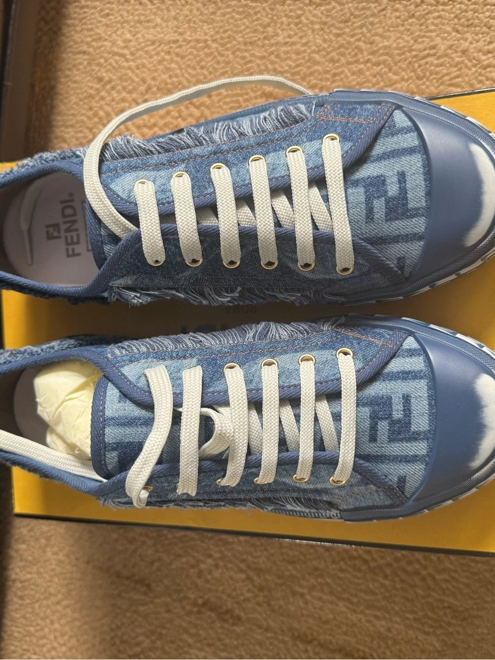 Fendi Blue Denim FF Logo Sneakers with White Laces